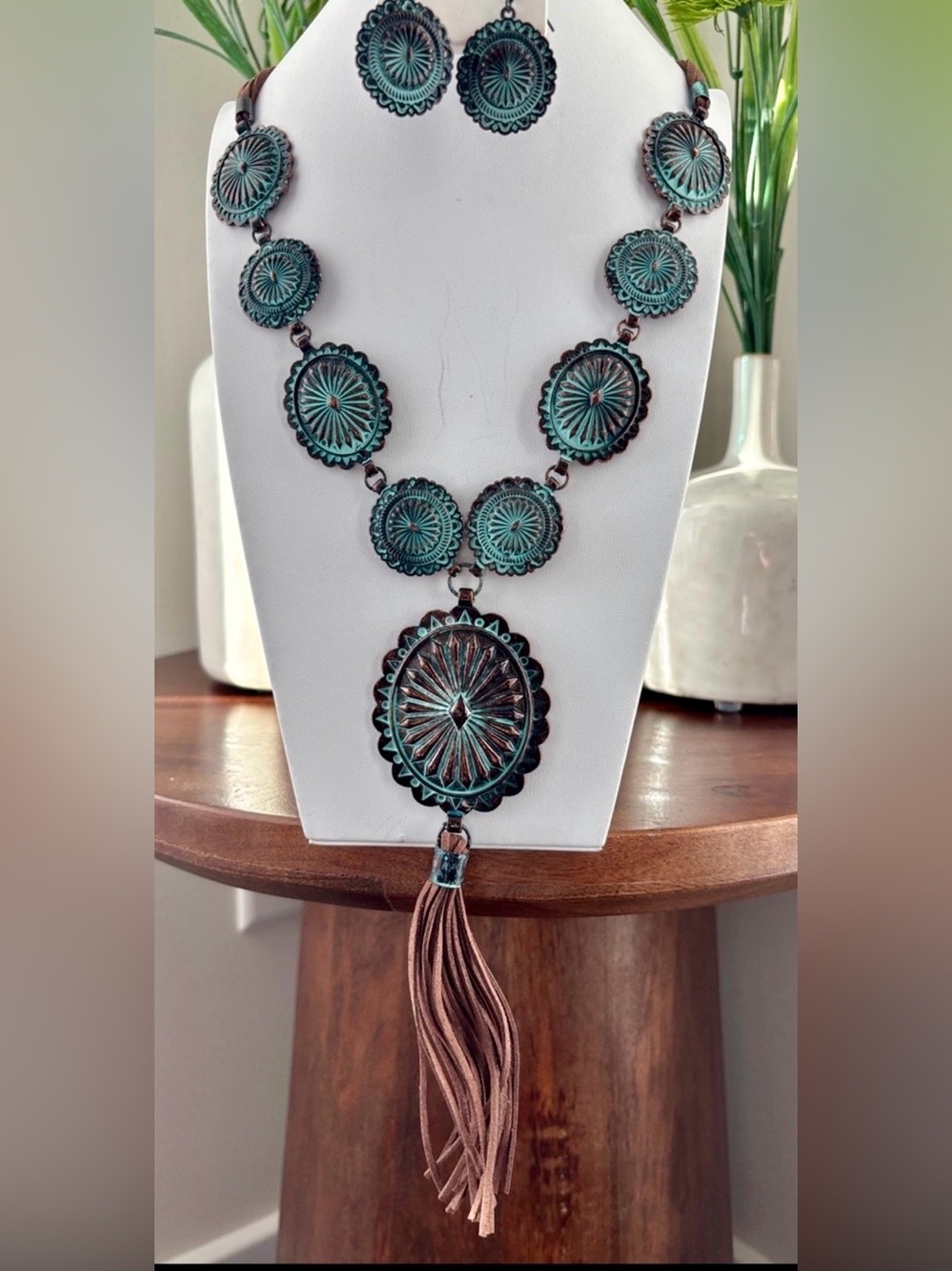Metal Concho Aged look turquoise & bronze-toned patina,suede tassel,Southwestern